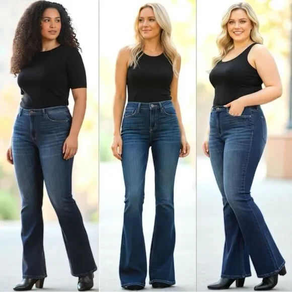 Kancan Mid Rise Dark Wash Classic Slim Flare Jeans Light Distressing – NWT - Picture 4 of 13